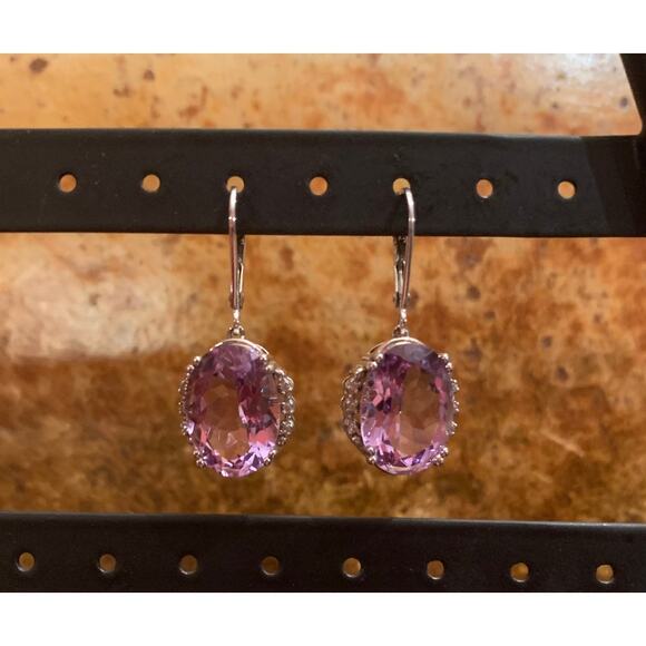 Sterling Silver, Diamond and Amethyst Dangle Earrings - Picture 2 of 6